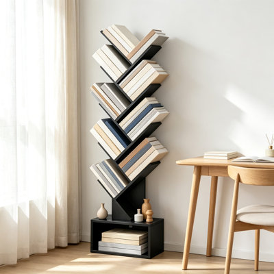 Tree Bookshelf with Drawer, Tall Bookcase for Living Room, Bedroom, Home Office, Modern Floor Standing Wood Book Organizer Shelf, Sturdy Anti-Tip Design