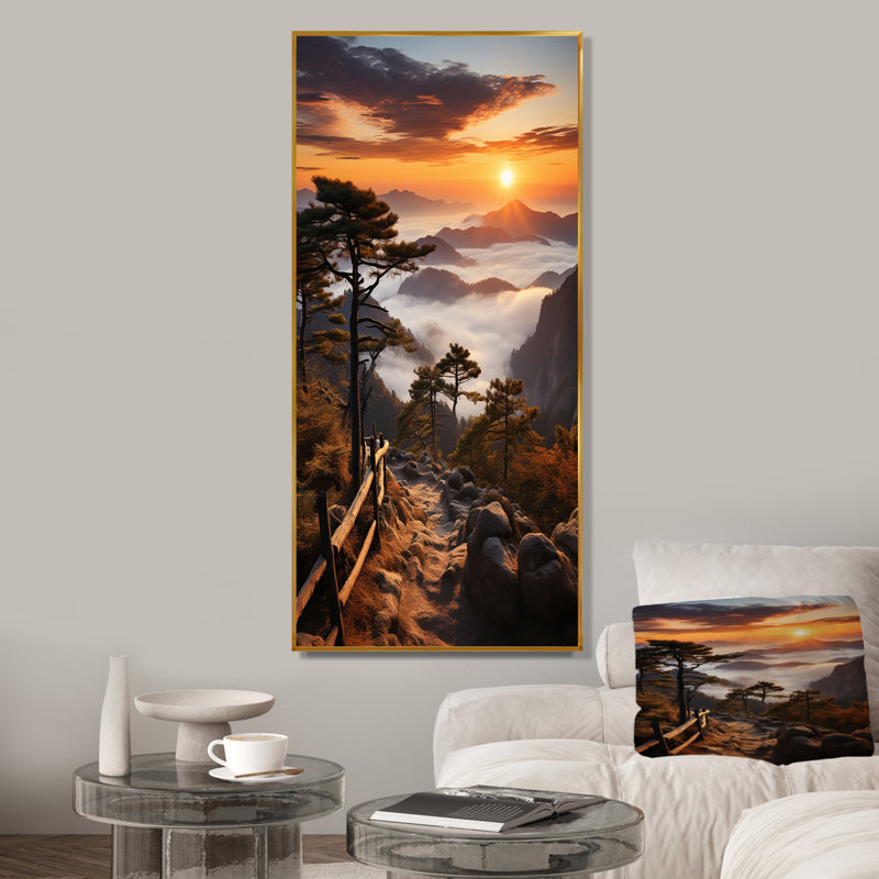 Montagne, forêt, coucher de soleil, silhouette II, Cadre flottant doré, H 60 po x l 28 po
