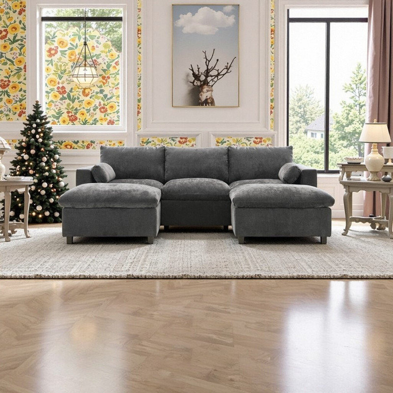 Canapé modulaire 86,5 po en forme de U avec poches de rangement 2 repose-pieds mobiles en chenille 5 places, Gris