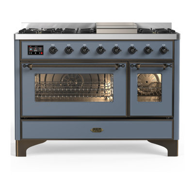 Cuisinière à double combustible de 48 pouces avec 5 brûleurs scellés de la série Majestic III en bleu-gris (gaz naturel, garniture brunie)
