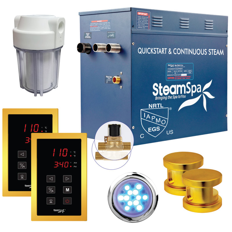 Ensemble de générateur de bain à vapeur à démarrage rapide Steamspa Royal Series 12 kW avec drain automatique intégré en or brillant
