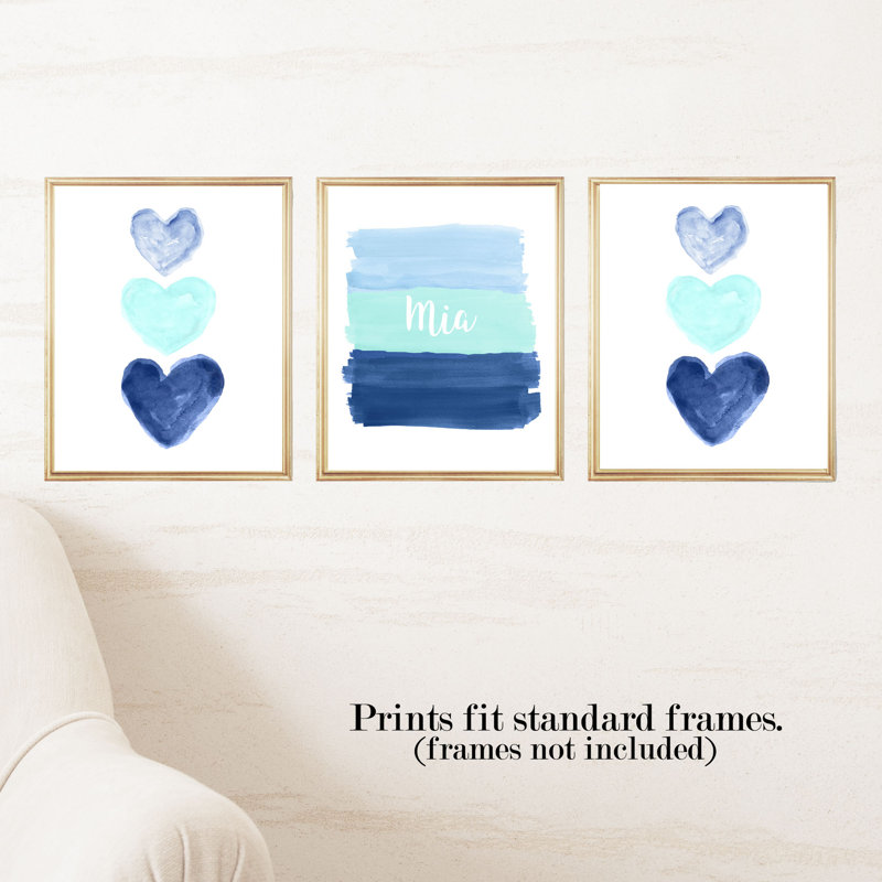 Bleu marine et écume de mer et cœurs, 3 impressions sur papier, H 10 po x l 8 po