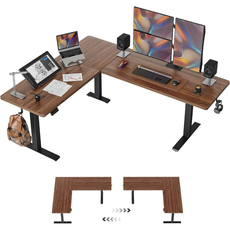 Bureau debout réglable en L 75 po, Noyer / noir, H 28,3 po x l 75 po x P 63 po