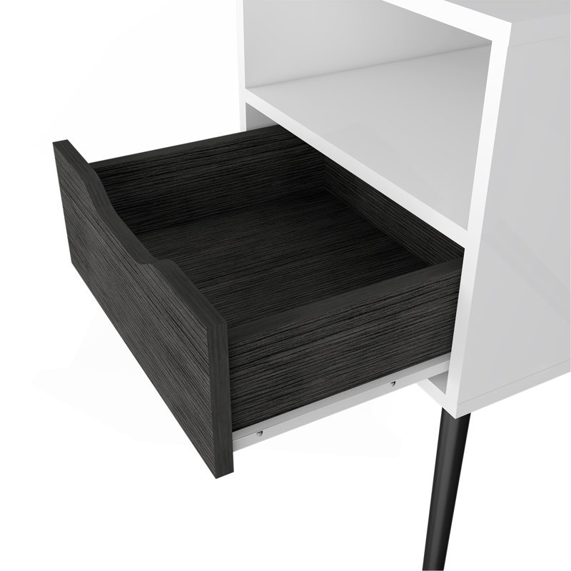 Nightstand 25"H, Superior Top, Four Legs, One Open Shelf, One Drawer, Smokey Oak / White, Multicolor