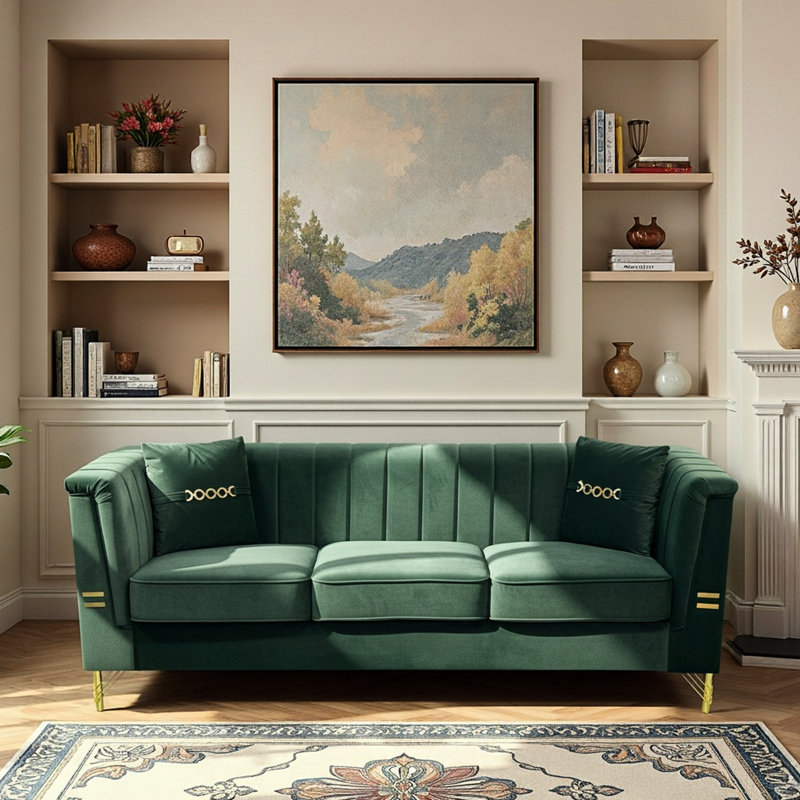 Canapé moderne en velours 3 places 82,67 pouces, 2 coussins, dossier à rainure verticale, pour les maisons contemporaines avec mousse haute densité, pieds en métal