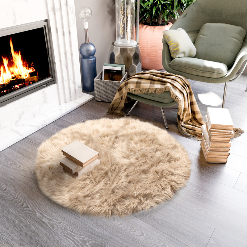 Diller Light Brown Faux Sheepskin Fur Machine Washable Shag Fluffy Area Rug, Round 5'