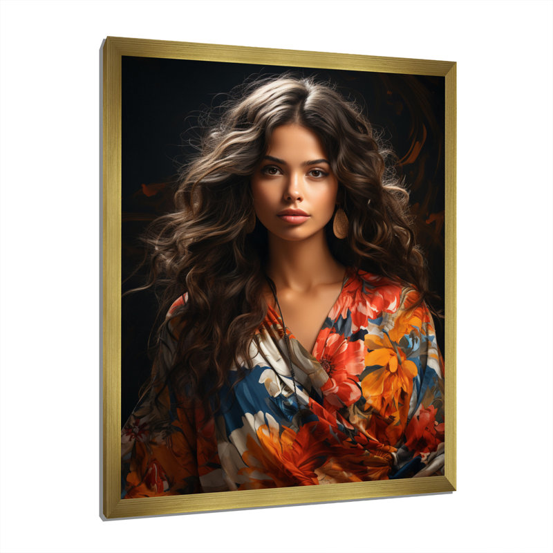 Femme boho latina III sur toile, H 40 po x l 30 po x P 1,5 po, Cadre photo doré