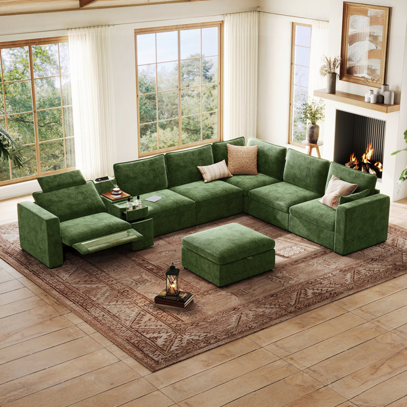 6 Seater Chenille Oversized Modular Sectional Sofa With Power Recliner Cloud Reclining Couch With Headrest Storage Drawer Charging Cup Holders Deep L-shaped With Corner And Ottoman