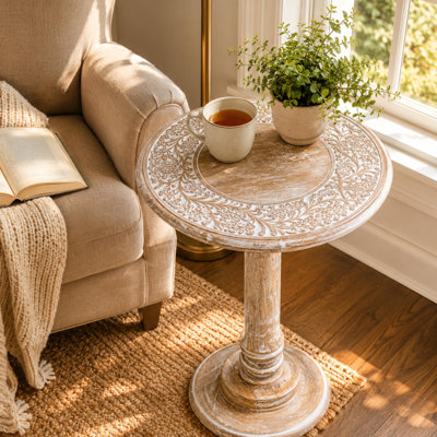 Solid Wood End Table, Whitewash Floral Round Side Table for Bedroom