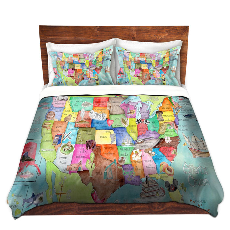 Ensemble de housse de couette turquoise france map, 1 housse simple + 1 taie standard