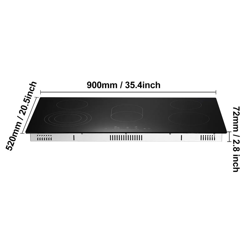 Plaque de cuisson électrique, 36 pouces, 5 brûleurs, surface de cuisson rayonnante en céramique 8600W, commande tactile, 9 niveaux de chaleur, 220-240V, fil dur