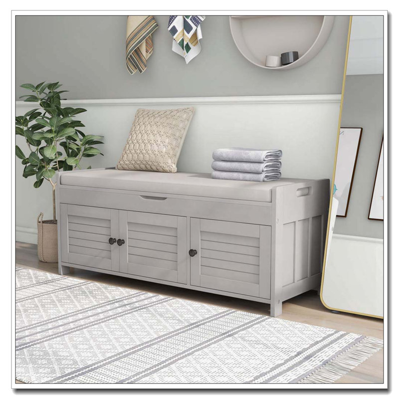 Banc de rangement en bois avec 3 portes en forme de volet, Gris