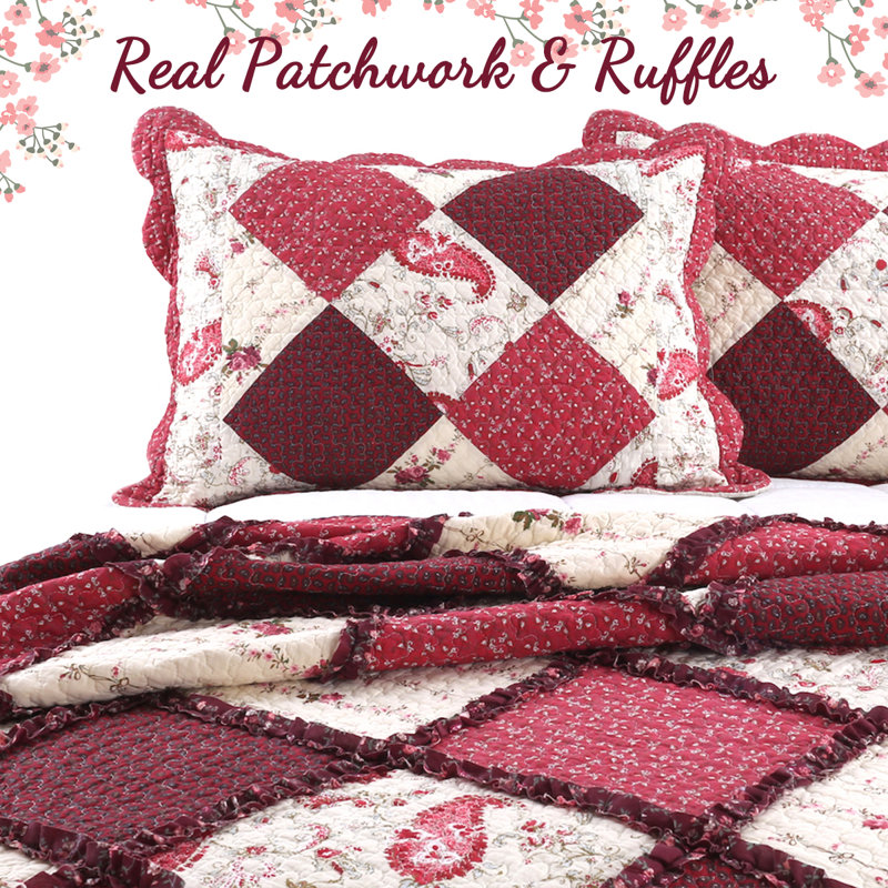 Queen Red Cotton Reversible Patchwork Quilt Set