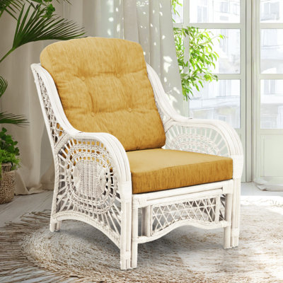 Agambir 28 inches Wide Tufted Velvet Armchair, Natural Rattan, White by Bayou Breeze
