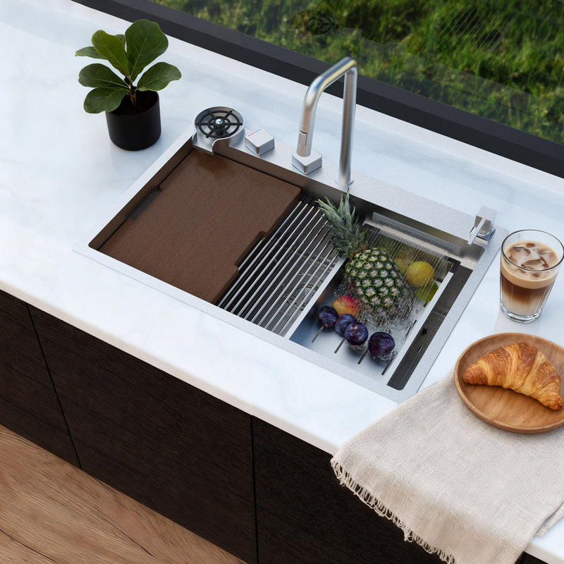33x22 Drop In Kitchen Sinks Square Design, Waterfall Kitchen Sink with Faucet Combo, Modern Smart Workstation Stainless Steel Single Bowl Kitchen Sinks, 33" x 22" x 10" Inch, Brushed Silver