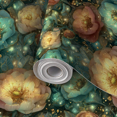Papier peint adhésif peler et coller en PVC, revêtement mural auto-adhésif amovible avec imprimé floral fantaisie floral sarcelle doré, imperméable pour la décoration intérieure - rouleau