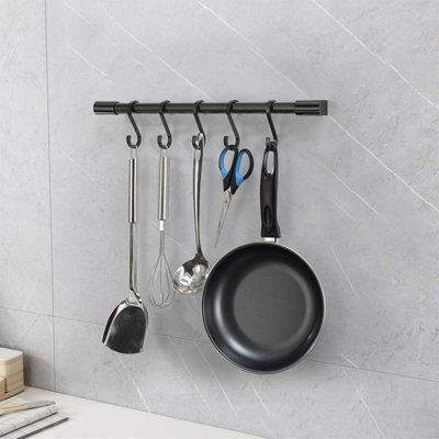 Black Kitchen Rail with Hooks, 17.3 Inch Kitchen Rod with 5 Hooks
