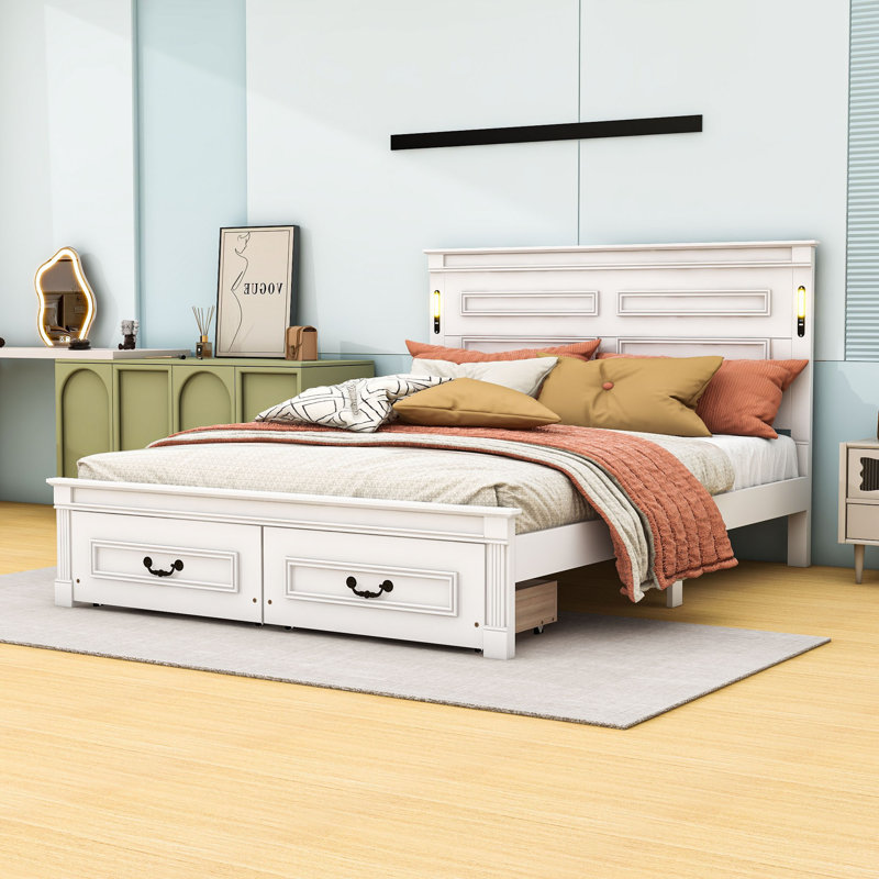 Lit plateforme en bois avec charge USB, lumière DEL et tiroirs de rangement, White, Queen
