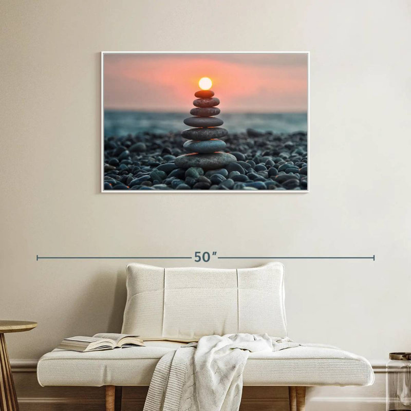 Zen pile au coucher du soleil, Cadre flottant blanc, 37 po x 25 po