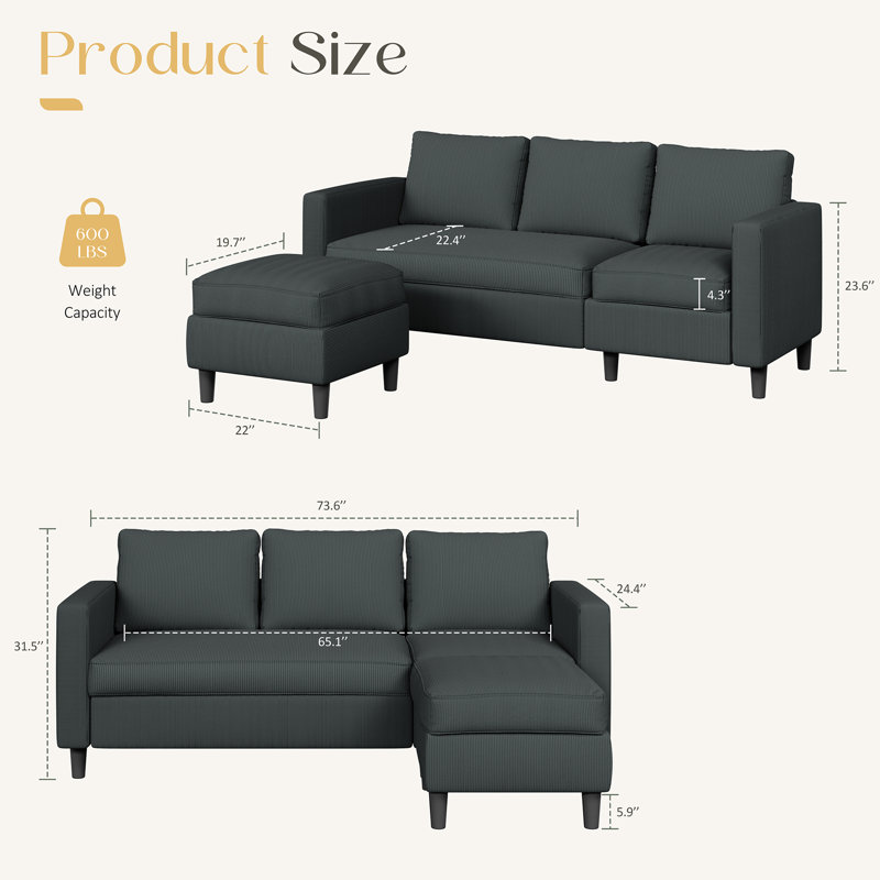 Roshod 73.6" Upholstered Sofa Couch with Ottoman, Dark Gray Corduroy