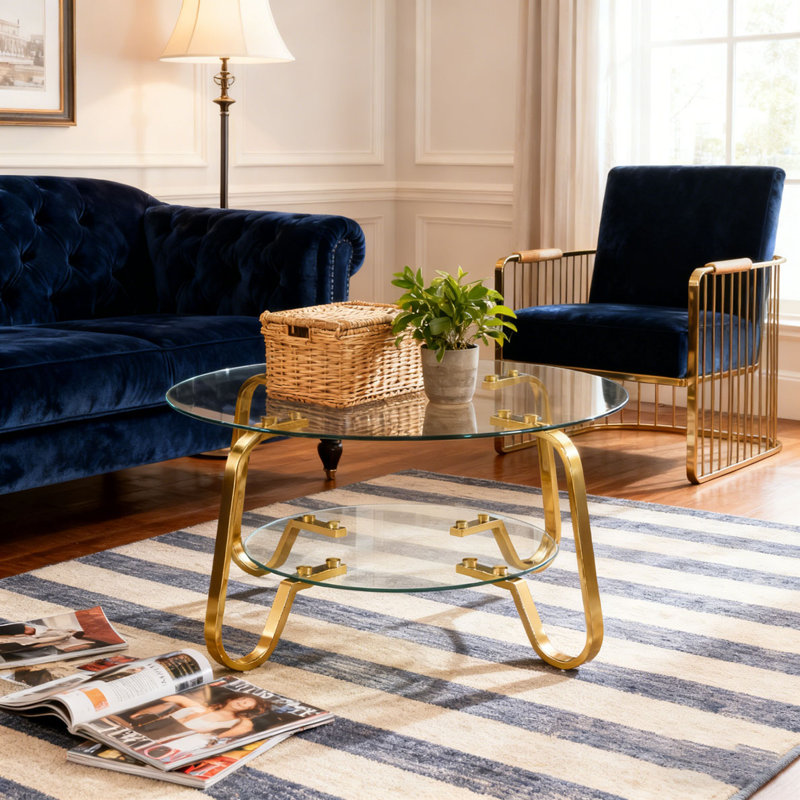 Retro minimalist style metal frame double-layer tempered glass coffee table, size 31.5 * 31.5 * 17.7 inches, Gold