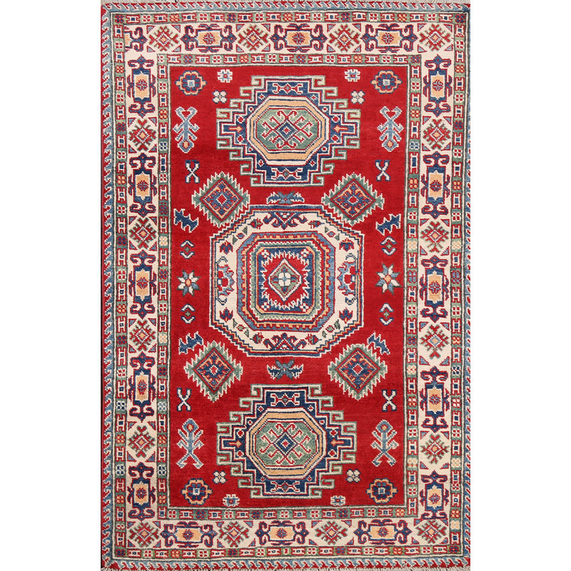 Tapis rouge en laine noué à la main de conception unique 3 pi 4 po x 4 pi 11 po