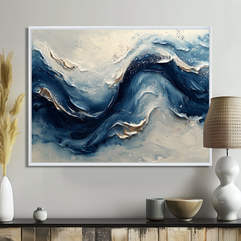 Encre bleue et grise, vagues de la rivière - peinture abstraite, art mural, H 30 po x l 40 po, Cadre flottant, Blanc