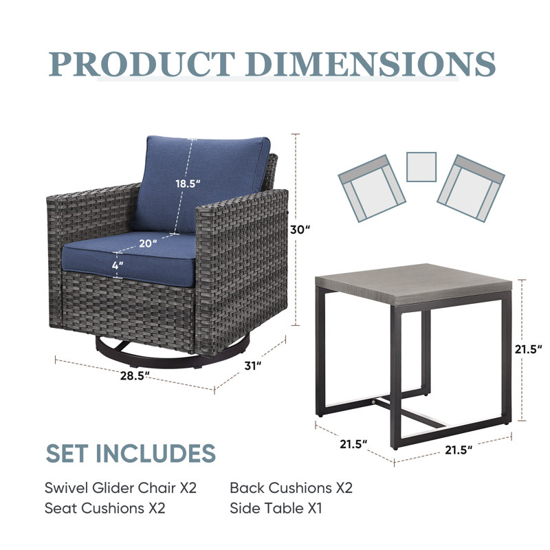 Table basse et chaises d'appoint en osier pivotant avec coussins en oléfine de 4 po Naresa, Gris, Bleu
