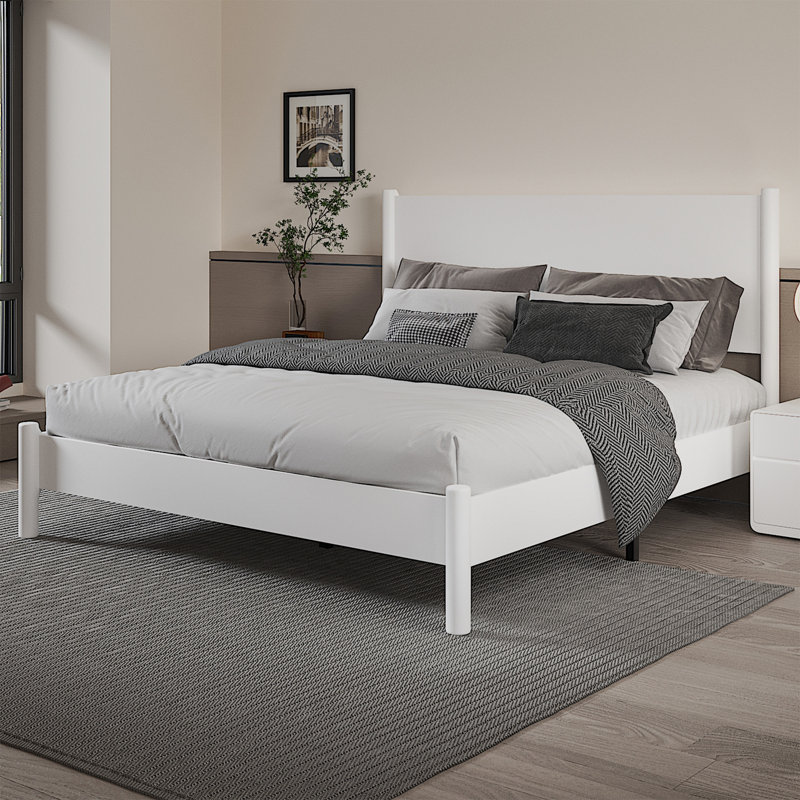 Queen Platform Bed with Headboard, Wooden Slats Support, 7.3-inch Underbed Space, Noise-Free Design, Easy Assembly, White