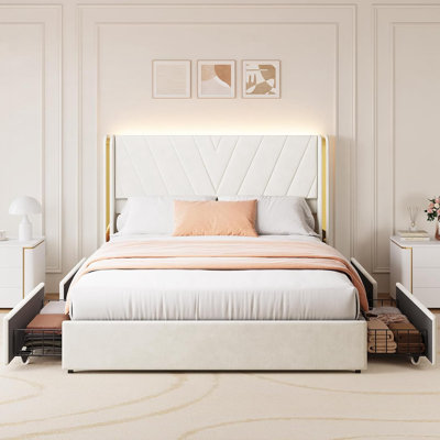 Upholstered LED Bed Frame With 4 Storage Drawers, No Box Spring Needed