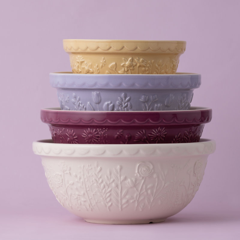 Cream Ceramic Rose Embossed Mixing Bowl, 4.25 Qt