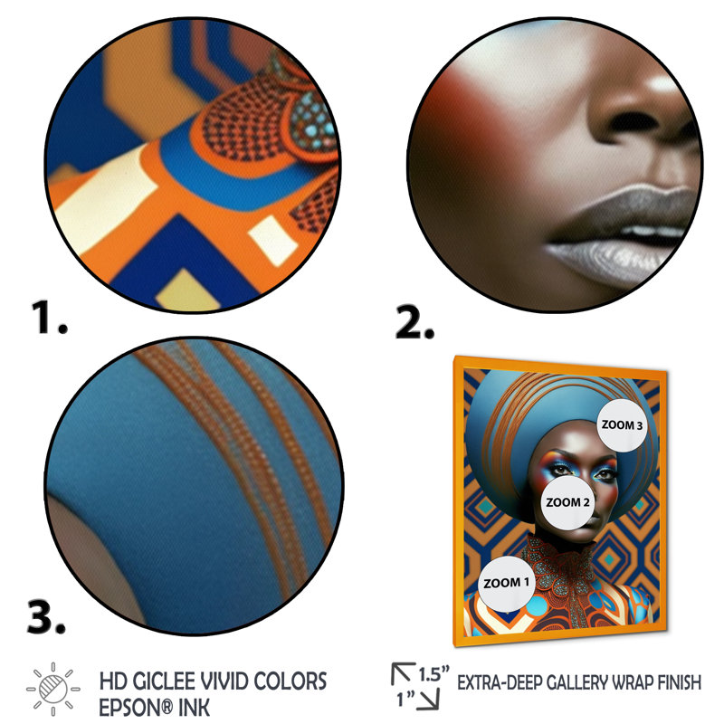 «Classy Portrait of Elegant African Lady IV», reproduction sur toile, H 20 po x l 12 po x P 1 po, Encadrement doré