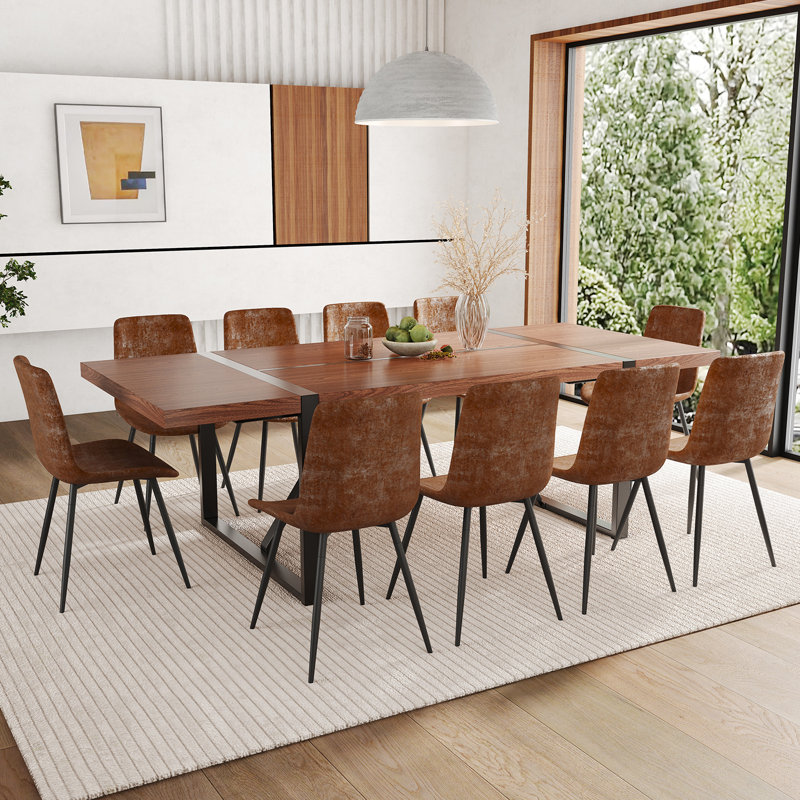 87" Wood Dining Table Set With PU Leather Upholstered Dining Chair, Brown, 11 Pieces: Table, 10 Chairs