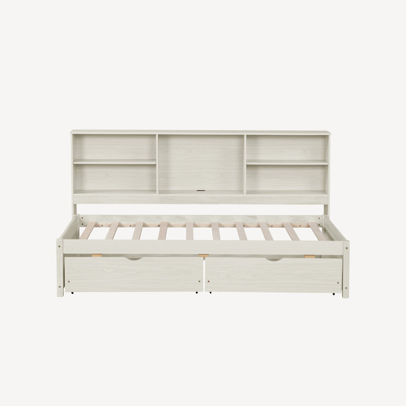 Structure de lit simple avec bibliothèque latérale, port USB intégré et 2 tiroirs, Blanc crémeux