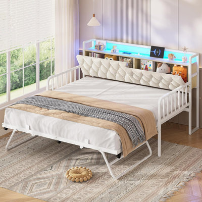 Upholstered Sofa Bed Frame, Twin Day Bed With Charging Station & Led Lights, Metal Trundle Bed Twin With Hidden Storage Headboard by Ivy Bronx