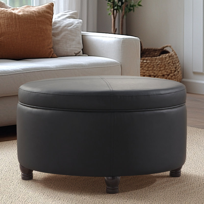 Duanys Faux Leather Upholstered Round Storage Ottoman, Black
