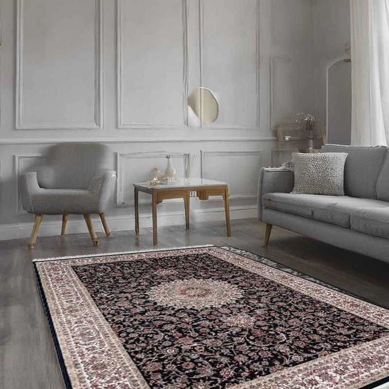Minyatur Navy & White Medallion Area Rug – Traditional Low-Pile Woven Viscose Carpet for Living Room, Bedroom & Entryway