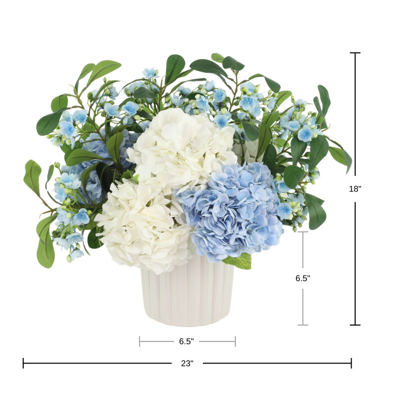 Hydrangea and Budding Stem Arrangement in Decorative Vase