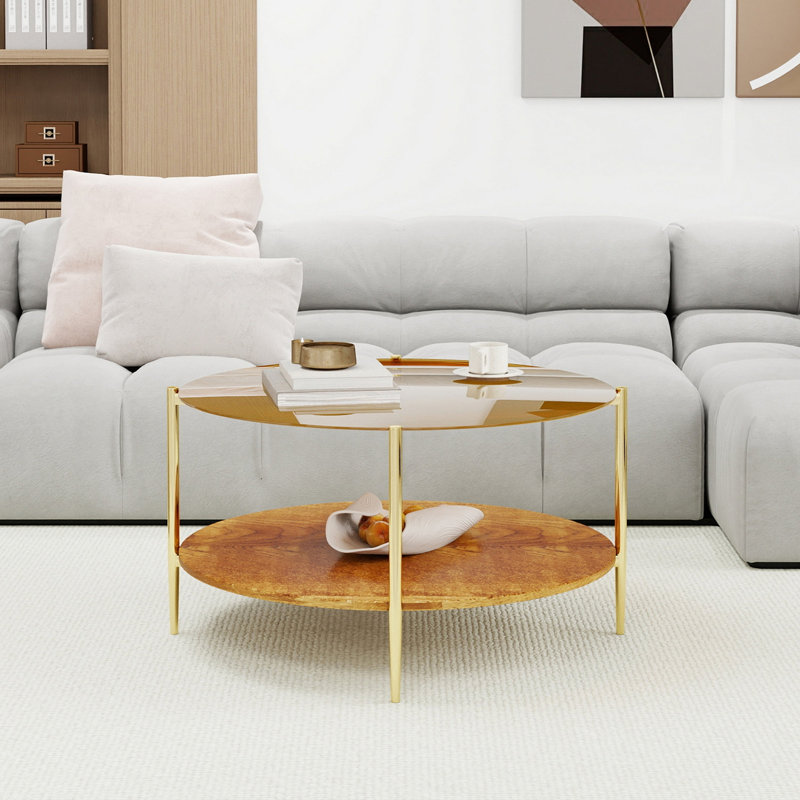 Table basse ronde moderne dorée double couche + verre trempé + rangement et décoration + 32,28 po de diamètre + couleur or