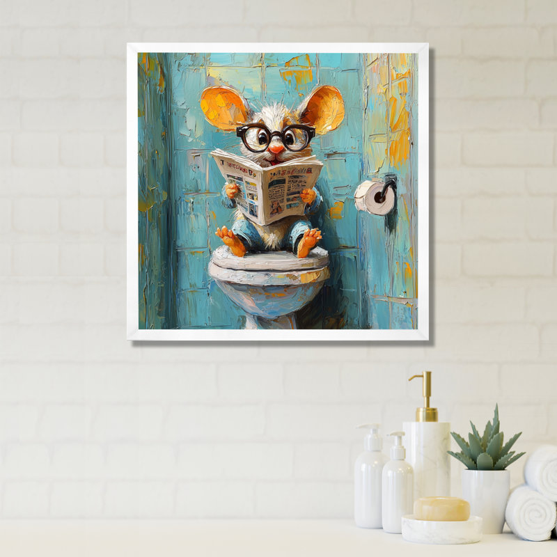 Kela, une jolie souris assise à la toilette III - Toilette, art mural, H 30 po x l 30 po, Picture Framed Print, Blanc