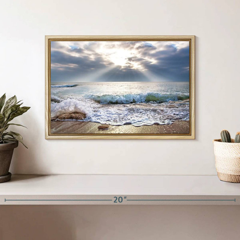 Océan au lever du soleil, Cadre flottant en bois naturel, 13 po x 9 po