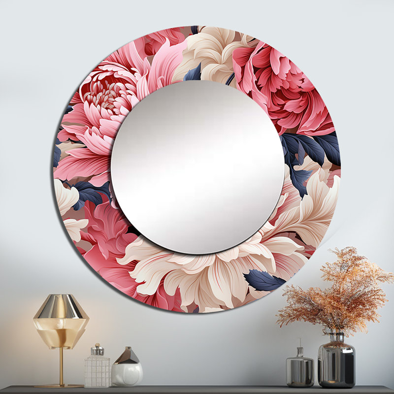Farmhouse Pink And White Floral Gardens - Floral Decorative Mirror, Pink Large Round Wall Mirror, Printed Metal Art