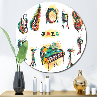 Jazz Music Party Poster With Musical Instruments - Bohemian & Eclectic Metal Circle Wall Art -  East Urban Home, 21E2BC0EBA8E4AAF99F77EF14FC33E7F