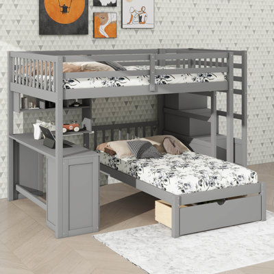 Lit superposé simple avec lit double, bureau intégré, tiroirs et étagère intégrée