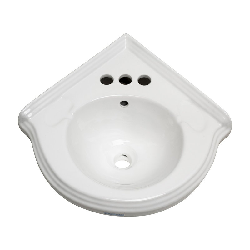 White Ceramic Corner Wall-Mount Vessel Sink with Overflow