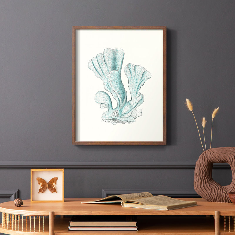 Reproduction encadrée antique de corail de style bord de mer - bois massif, H 14 po x l 11 po, Brun