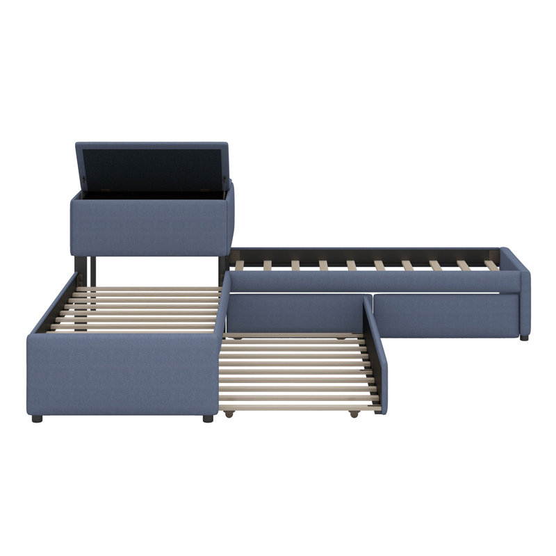 Lit plateforme tapissier en L avec lit gigogne et deux tiroirs reliés par un bureau intégré, lit simple
