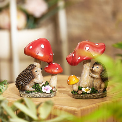 Resin Set Of 2 Cute Hedgehog Sitting On Mushroom Garden Statues Yard Decor 