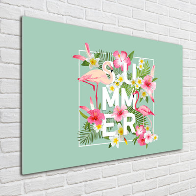 Glass Print Wall Art 100X70cm Image Printed On Glass Decorative Wall Picture Behind Toughened / Tempered Safety Real Glass For Kitchen & Living Room Theme:Holidays And Flamingos