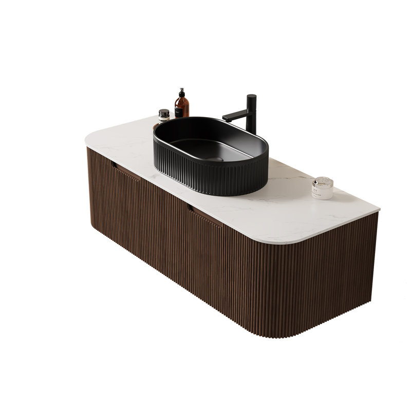 Meuble-lavabo 48 po avec lavabo, meuble-lavabo mural moderne à bords arrondis avec 2 tiroirs, vasque en céramique noire, sans robinet, pré-assemblé, grain de bois noyer foncé